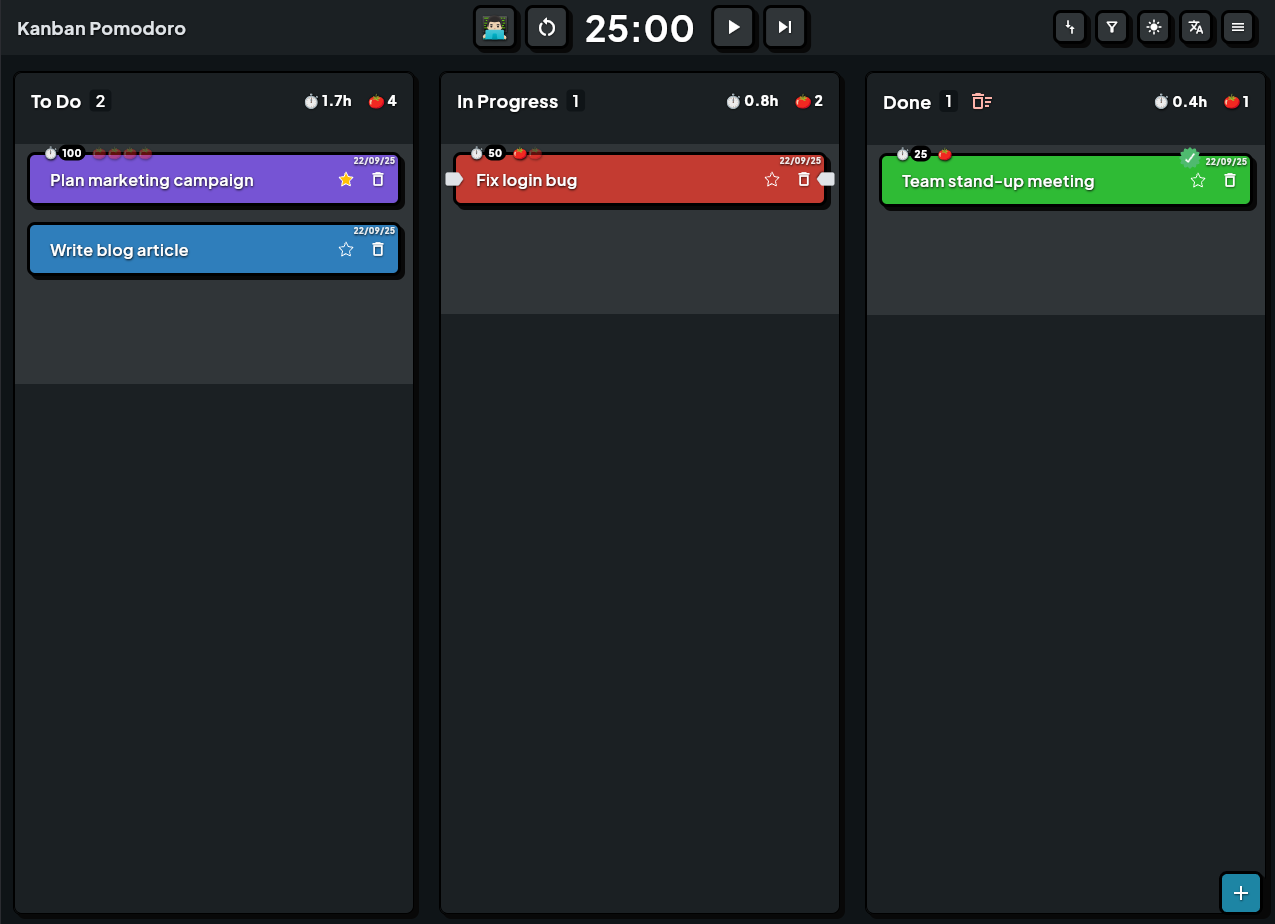 Preview — Kanban (To do • In progress • Done) with Pomodoro